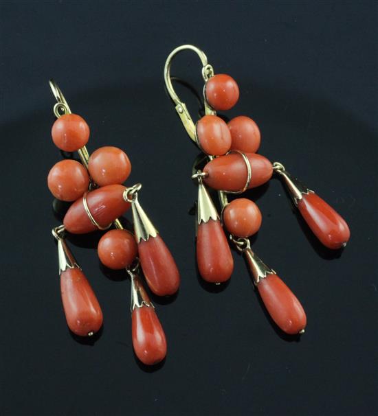 A pair of gold and coral bead drop earrings, overall 2in.